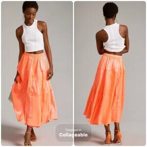 Anthropologie Parachute Maxi Skirt Size Medium Satin Bright Orange Fully Lined